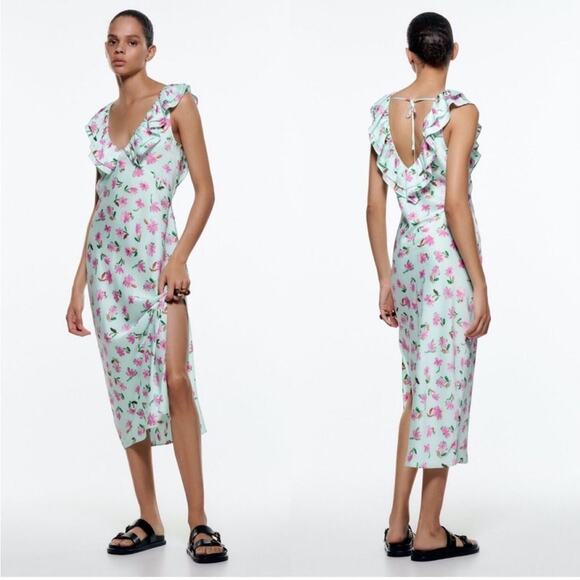 Zara Style 2157 / 046 Mint Green Pink Floral Ruffle Satin Slit Midi Dress Small - Picture 1 of 16
